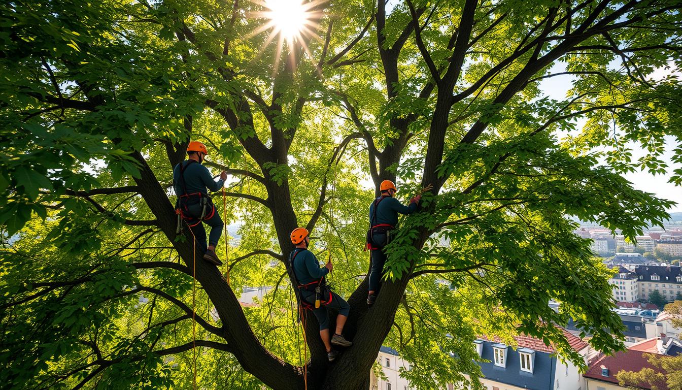 Baumpfleger arbeitet in Seilklettertechnik in der Krone eines Laubbaums in München